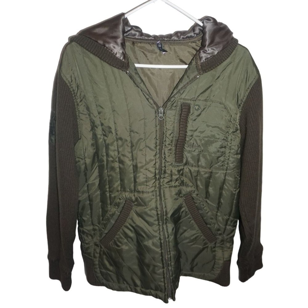 RVCA Jacket Bomber Puffer Knit Arms Green Size Medium Full Zip Hood Pockets